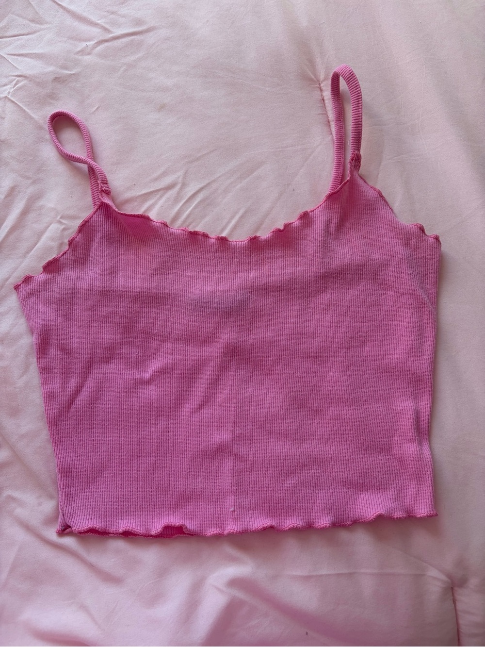 SHEIN Pink Ribbed Lettuce-Trim Spaghetti Strap Cami